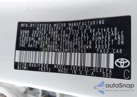 2021 Toyota Corolla Le from USA, damaged, VIN 5YFEPMAE9MP203743